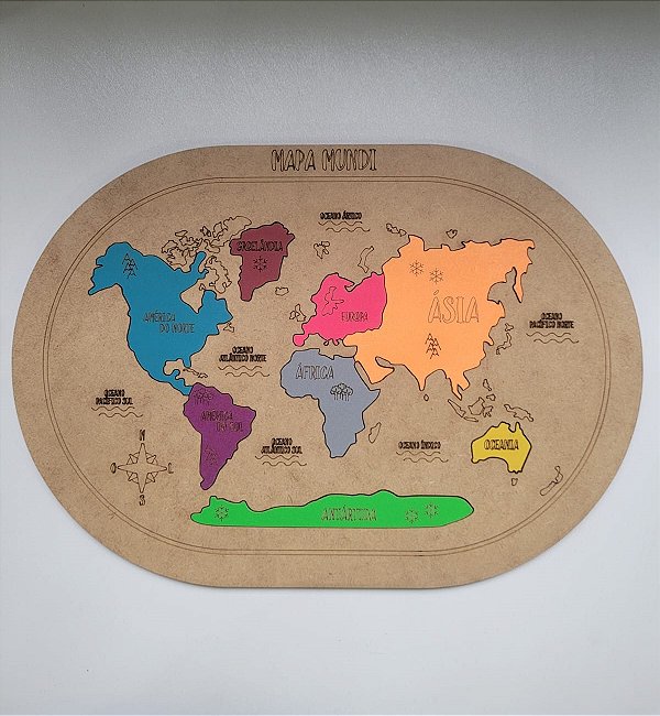 Jogo de Encaixe Mapa Mundi MDF Colorido