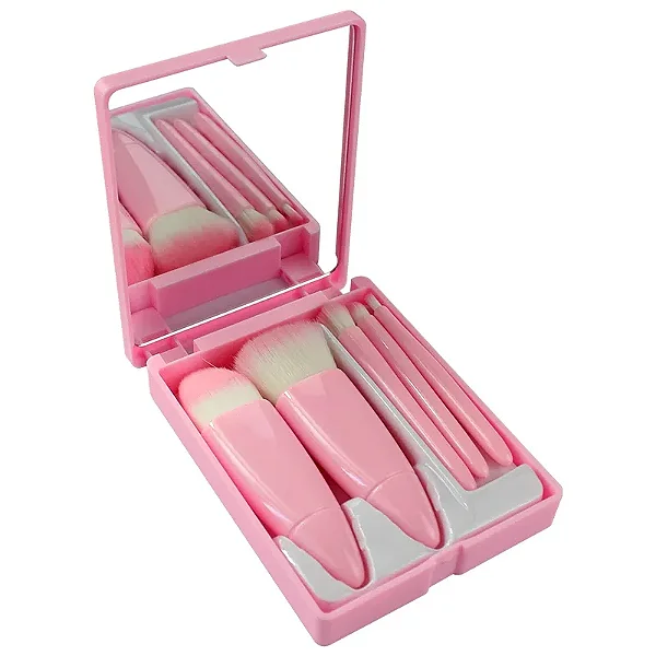 Estojo Kit Maquiagem Com Espelho 5 Pincéis Portátil Viagem Rosa