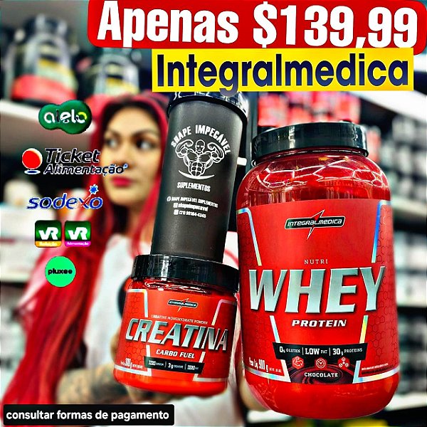 COMBO WHEY INTEGRAL+CREATINA 300g+COQUETELEIRA
