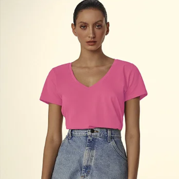 Camiseta Gola V de Algodão Egípcio Cor Rosa Chiclete Merci