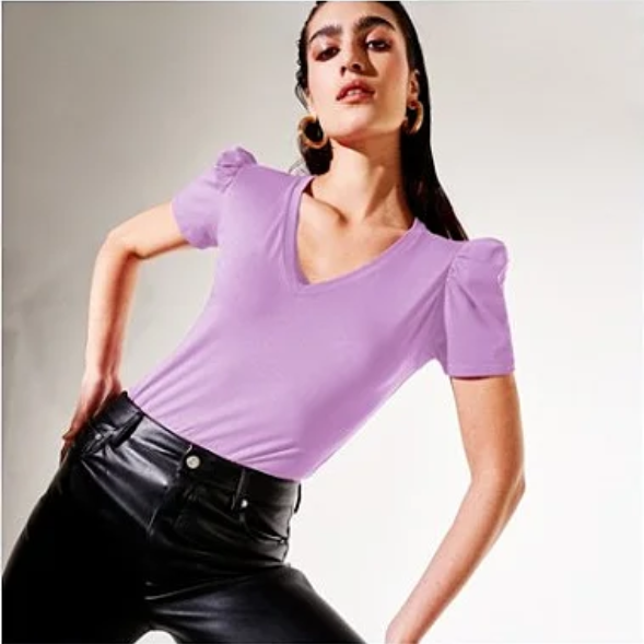Camiseta Manga Princesa Gola V de Algodão Egípcio Lavanda Merci