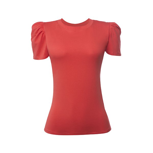 Camiseta Manga Princesa Gola Redonda de Algodão Egípcio Cor Coral Merci