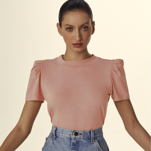 Camiseta Manga Princesa Gola Redonda de Algodão Egípcio Cor Rosa Bailarina Merci
