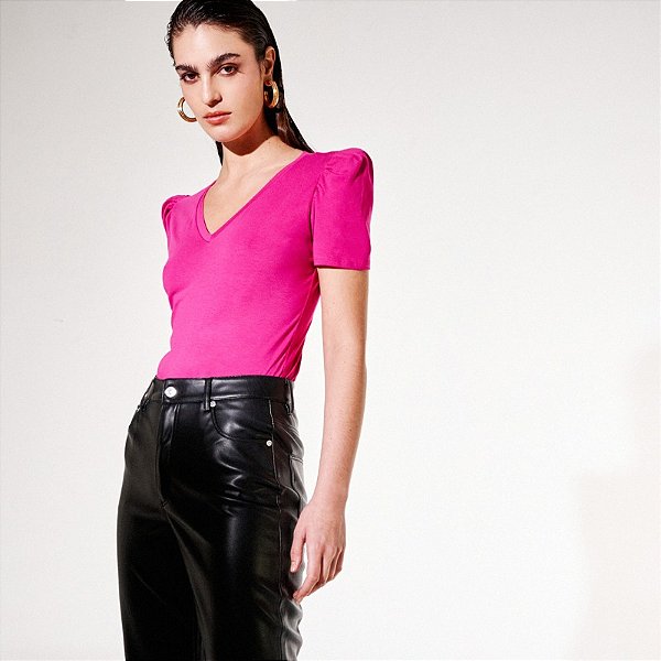 Camiseta Manga Princesa Gola V de Algodão Egípcio Rosa Pink Merci