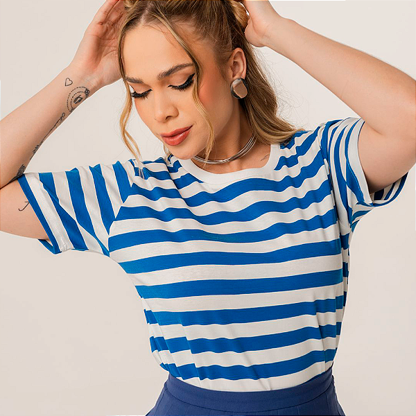 Camiseta de Algodão Sustentável Listras Náuticas Azul