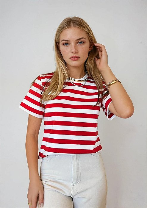 Camiseta de Algodão Sustentável Listras Náuticas Vermelha