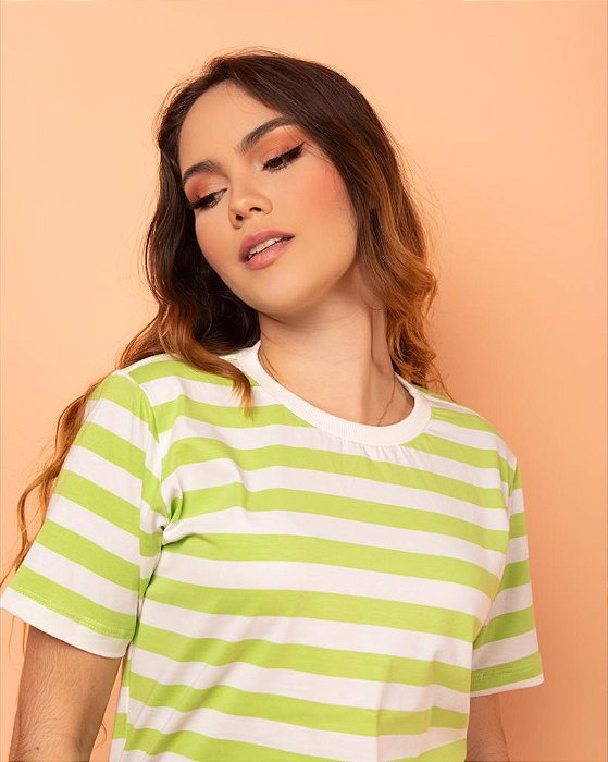 Camiseta de Algodão Sustentável Listras Náuticas Pistache