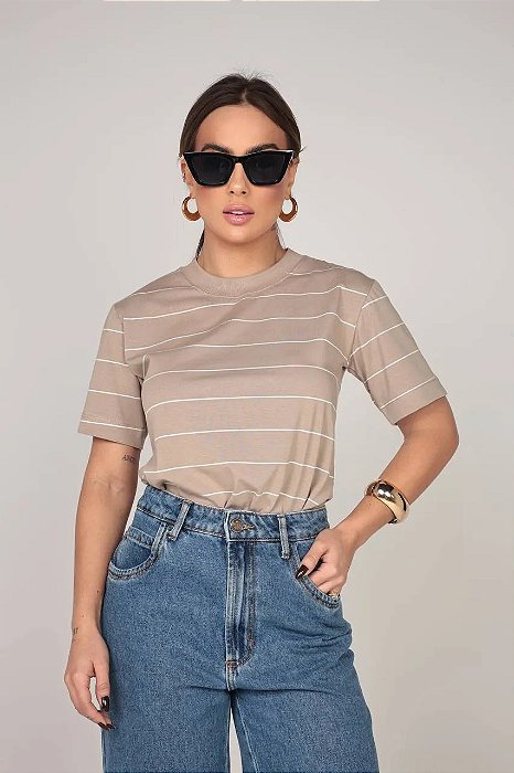 Camiseta Listra de Giz Bege