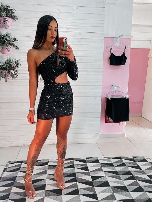 VESTIDO PAETÊ 1 OMBRO PRETO