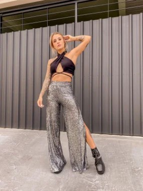 Calça Pantalona Paete Prata Escuro