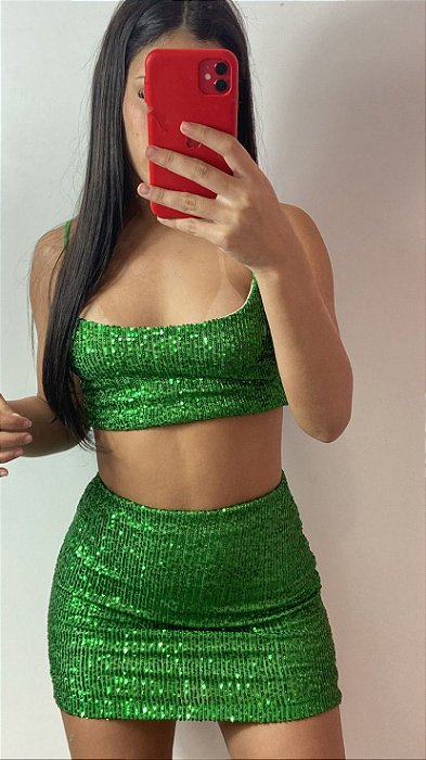 CONJUNTO TOP ANA E SAIA DE PAETE VERDE