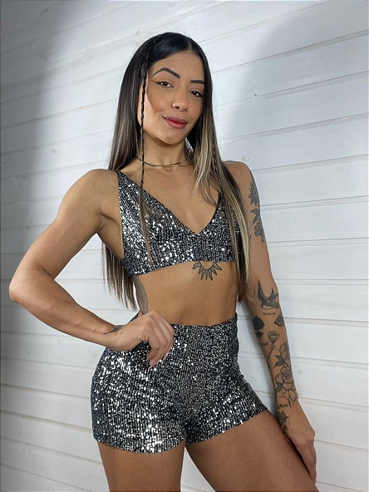 CONJUNTO SHORTS E TOP ALE PAETE PRATA
