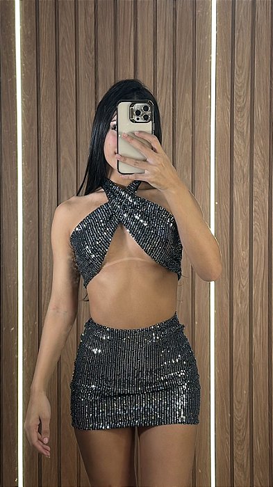 CONJUNTO TOP RHANIA PAETE PRATA ESCURO