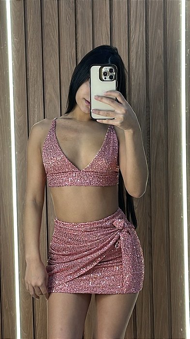CONJUNTO SAIA NOZINHO PAETE ROSA
