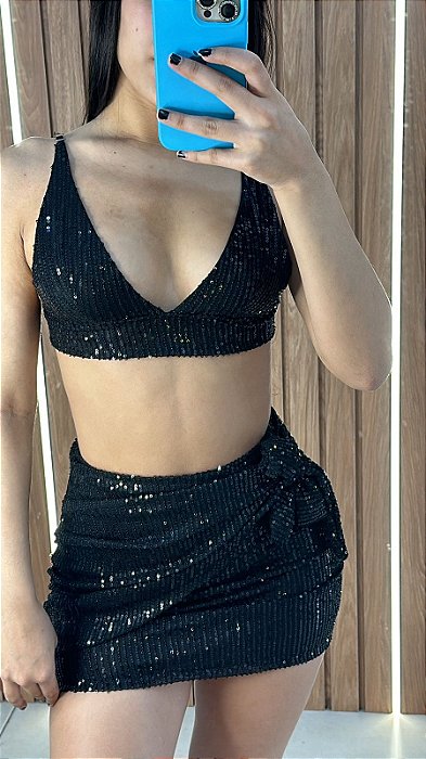 CONJUNTO SAIA NOZINHO PAETE PRETO
