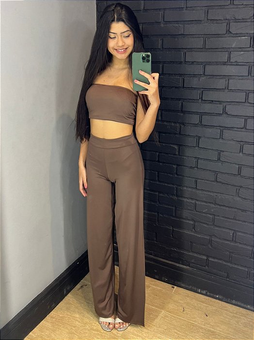 Conjunto Dani Marrom – Top Tube + Calça Pantalona com Fenda