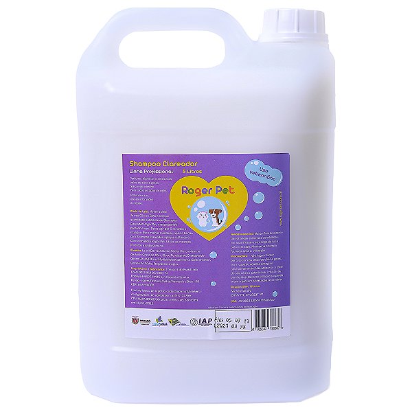 Shampoo Clareador 5 Litros Para Cães E Gatos Roger Pet