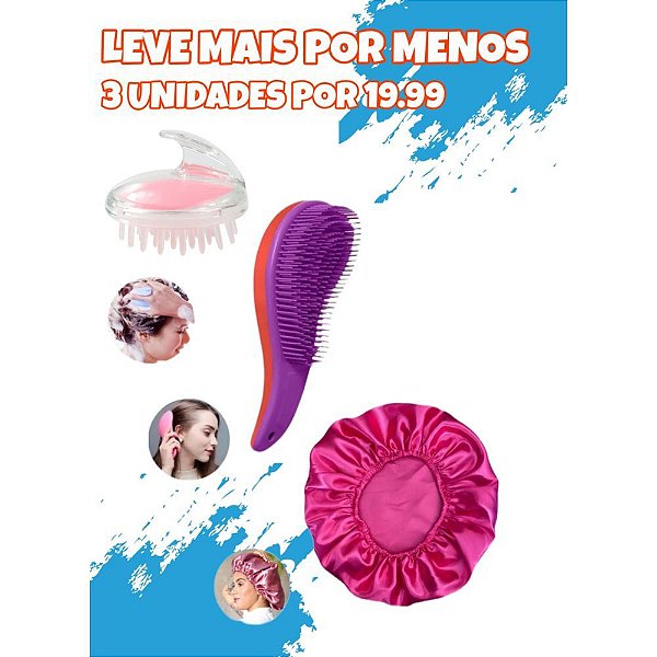 Kit Escova Massagedora de Couro de Silicone + Escova Mágica Desembaraçar + Touca de Cetim Cabelos Saudáveis