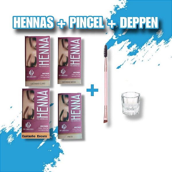 Kit 4 Hennas Di Grezzo Mista + Pincel Chanfrado + Dappen de Vidro