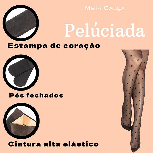 Meia Calça Pelúciada Coração Translúcida Forrada Super Elástica