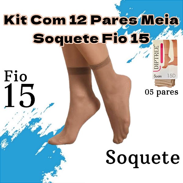 Kit com 12 Pares de Meia Fina Social Soquete 3/4 Nude com 5 Pares Fio 15