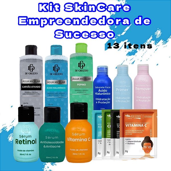 Kit Skicare 13 Itens Empreendedora de Sucesso com Água Micelar, Sabonete, Sérum e Sache Di Grezzo