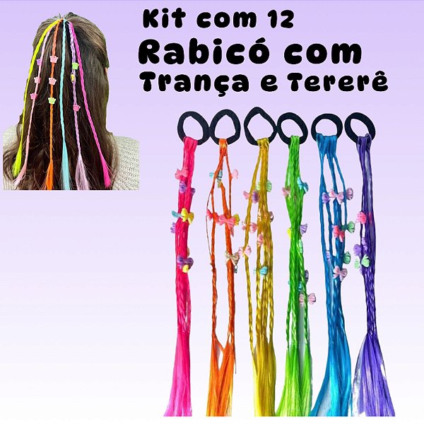 Kit com 12 Rabicó Mecha Trança Tererê  De Cabelo Elástico Acessório