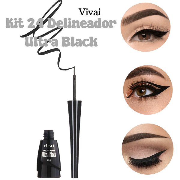 Kit Box Com 24 Delineador Liquido Vivai Ultra Black Ultra Fix Ponta Super Fina Preto