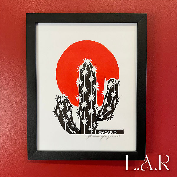 Xilogravura Cacto e Sol Vermelho 33 x 24 cm