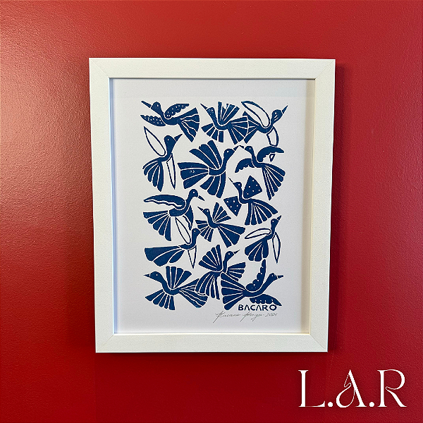 Quadro Xilogravura Revoada de Pássaros Azul 33 x 24 cm _ Bacaro