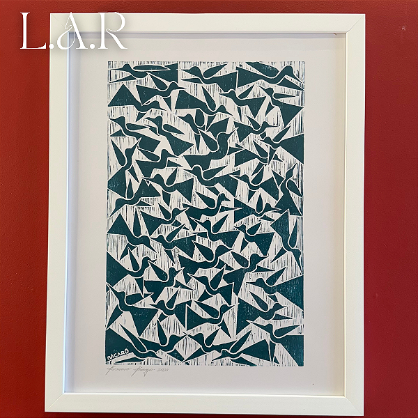 Quadro Xilogravura Revoada dos Pássaros Verde _ Bacaro