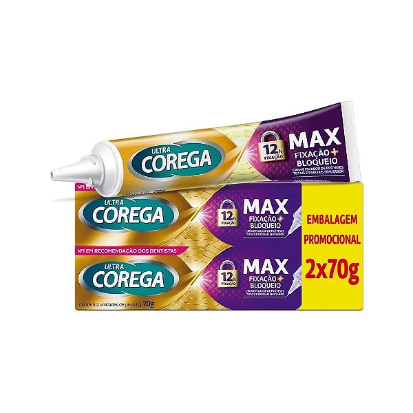 Creme Fixador De Dentadura Ultra Corega Max Fixação + Bloqueio Sem Sabor Com 2 Unidades De 70g Cada