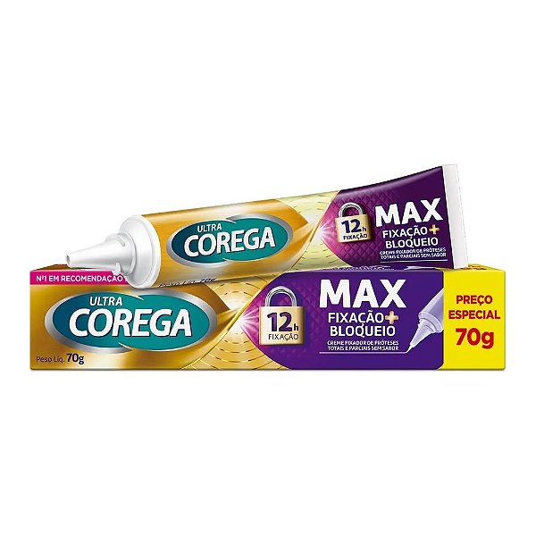 Creme Fixador De Dentadura Ultra Corega Max Fixação + Bloqueio Sem Sabor 70g