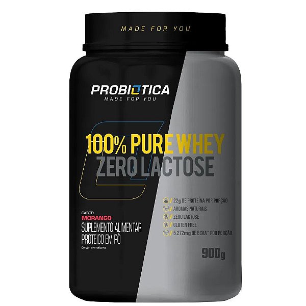 100% Pure Whey Zero Lactose Probiótica Morango Pote 900g