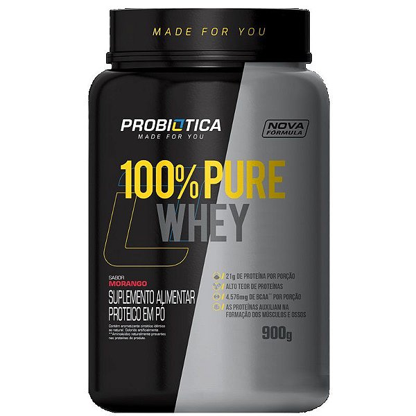 Suplemento Probiótica 100% Pure Whey Sabor Morango Pote 900g