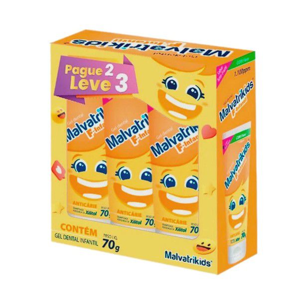 Kit Gel Dental Malvatrikids F-Infantil Anticárie Sabor Tutti-Frutti Com 3 Unidades De 70g Cada