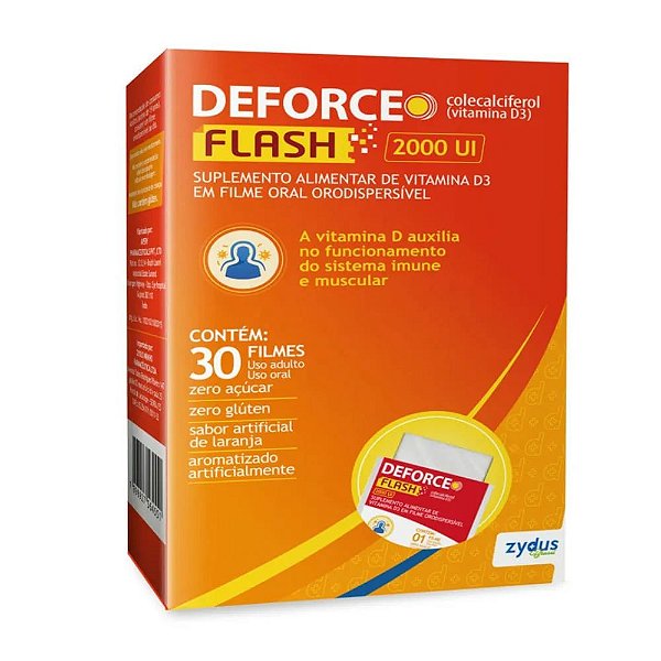 Suplemento Alimentar Deforce Flash 2.000UI Sabor Laranja 30 Filmes Orodispersiveis