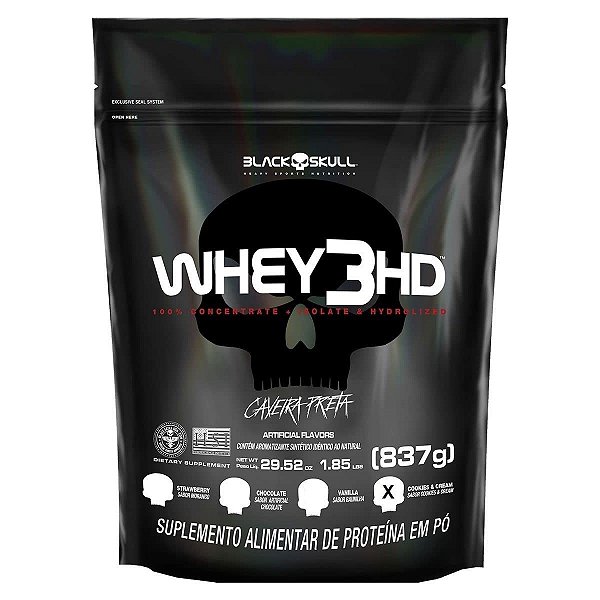 Suplemento Alimentar Em Pó Black Skull Whey 3HD Sabor Cookies E Cream Refil 837g