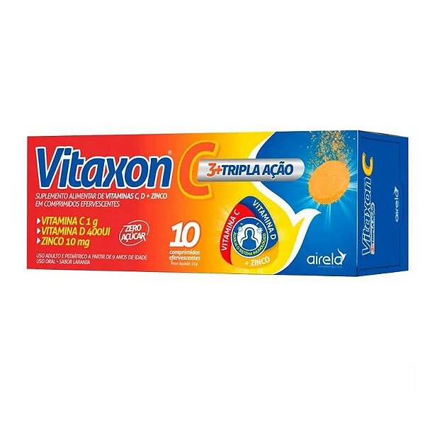 Suplemento Alimentar Airela Vitaxon C 3+ Tripla Ação Sabor Laranja 10 Comprimidos Efervescentes