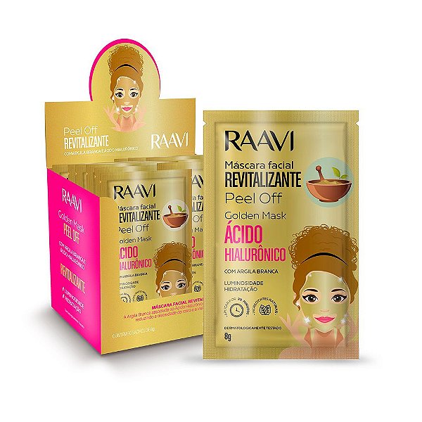 Máscara Facial Revitalizante Raavi Golden Mask Acido E Hialurônico Peel Off Display Com 50 Sachês De 8g