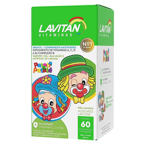 Suplemento Alimentar Lavitan Kids Patati Patatá Sabor Uva, Lima-Limão e Laranja 60 Comprimidos Mastigáveis