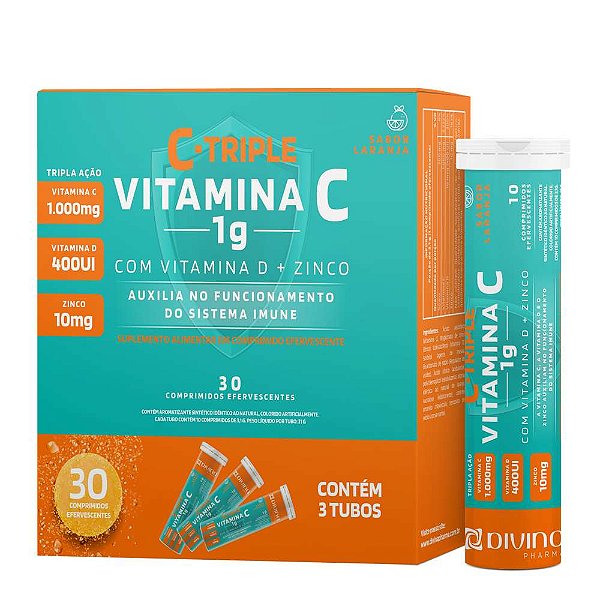 C-Triple Vitamina C 1g Laranja 30 Comprimidos Efervescentes