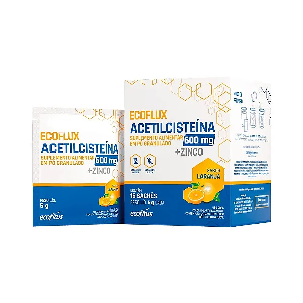 Suplemento Alimentar Em Pó Ecoflux Acetilcisteína Sabor Laranja Com 16 Sachês De 5g Cada