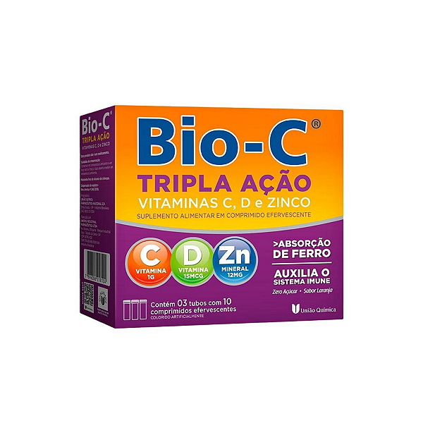 Suplemento Alimentar Bio-C Tripla Ação Sabor Laranja 30 Comprimidos Efervescente