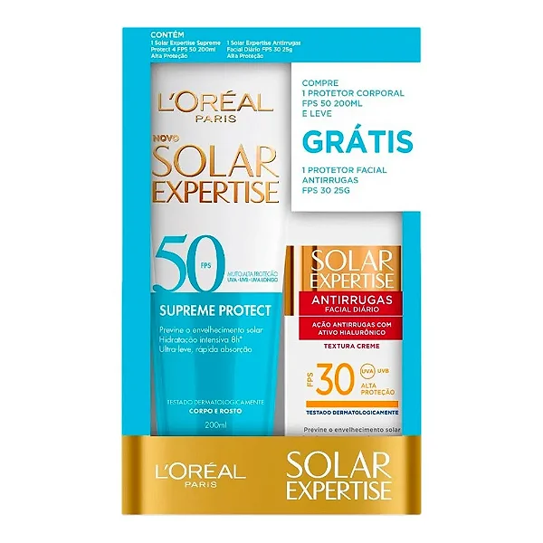 Kit L'Oreal Solar Expertise Protetor Solar Corporal Supreme Protect FPS50 200ml + Protetor Solar Facial Antirrugas FPS30