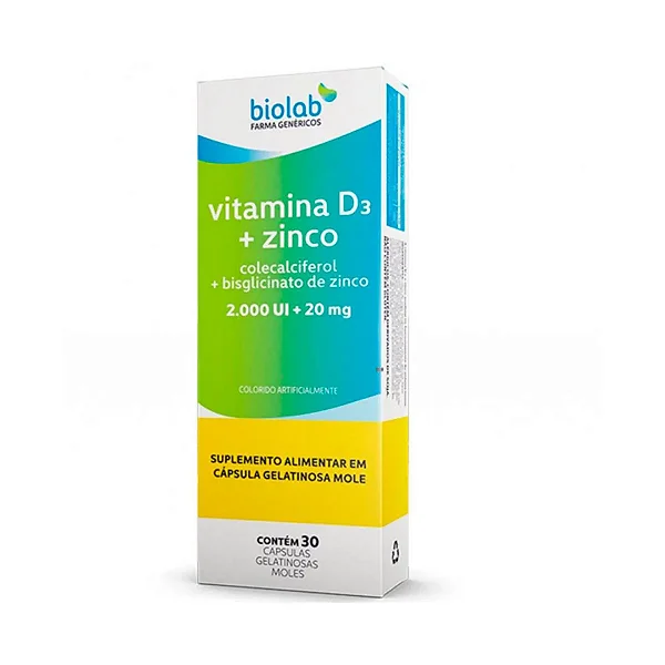 Suplemento Alimentar Vitamina D3+Zinco 2.000UI 30 Cápsulas Moles
