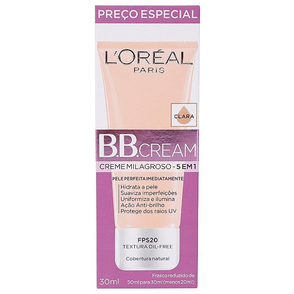 BB Cream L'Oréal FPS 20 Creme Milagroso - 5 em 1 Clara 50mL