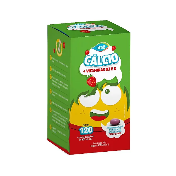 Suplemento Alimentar Cálcio Kids + Vitaminas D3 E K Sabor Morango Liteé 120 Cápsulas