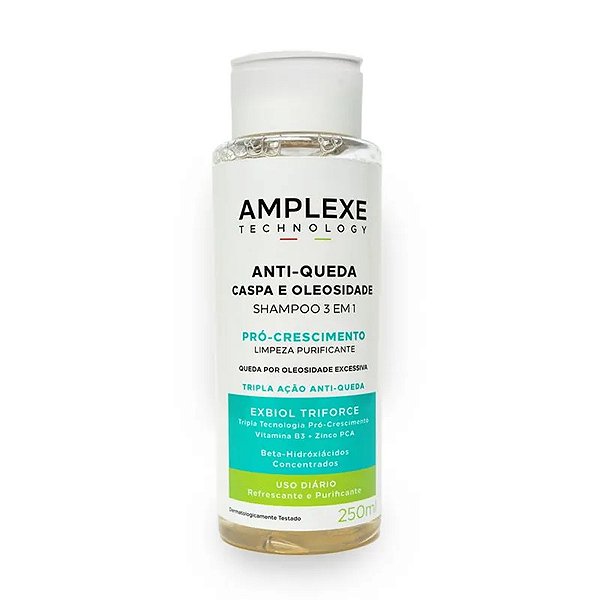 Shampoo Amplexe 3 em 1 Antiqueda, Caspa e Oleosidade Com Exbiol Triforce Ada Tina 250ml