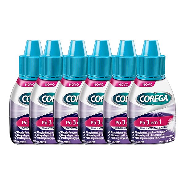 Pó Fixador de Dentaduras Corega 3 em 1 Sem Sabor Promopak Com 6 Uidades De 22g